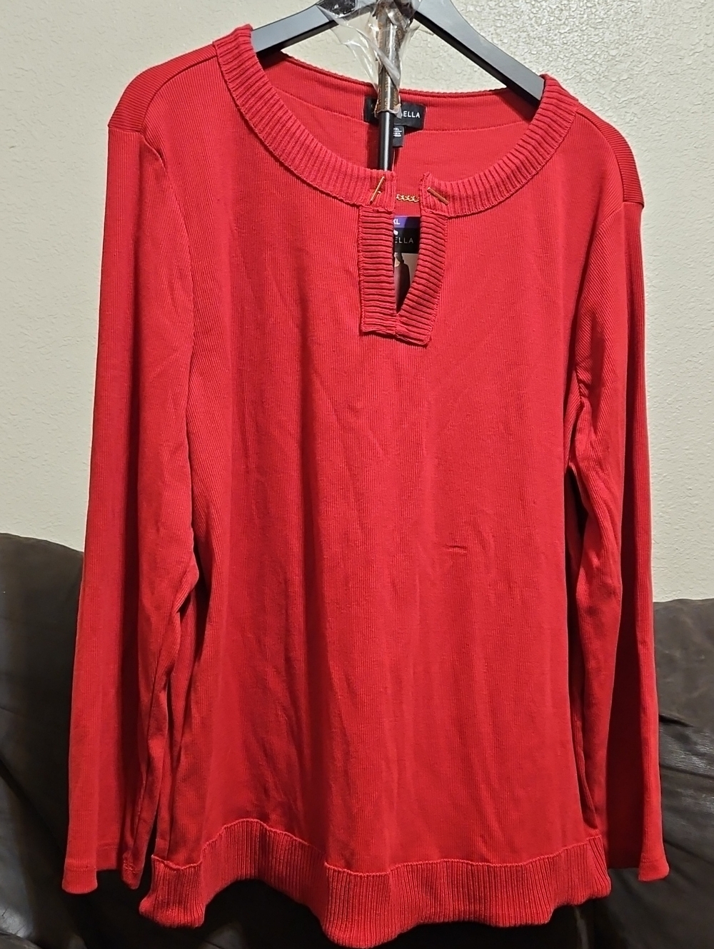 Rafaella Bright Red Long-Sleeve Knit Top with Notch Neck